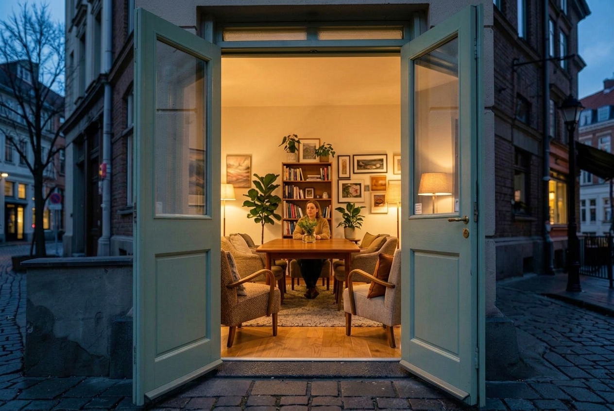 En öppen dörr med varmt ljus i Stockholm